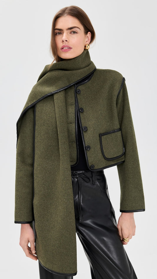 Olive Leather Trim Cropped Jacket + Matching Scarf