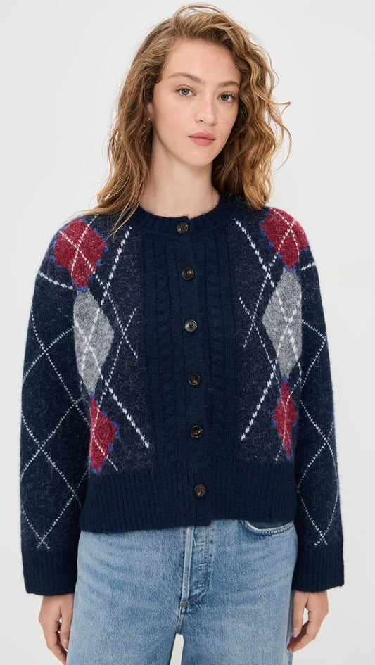 Navy Argyle Cardigan Sweater