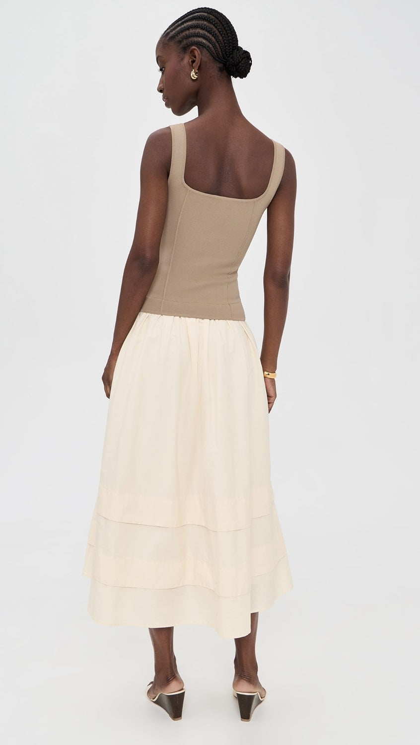 Khaki Mixed Media Button Front Midi Dress