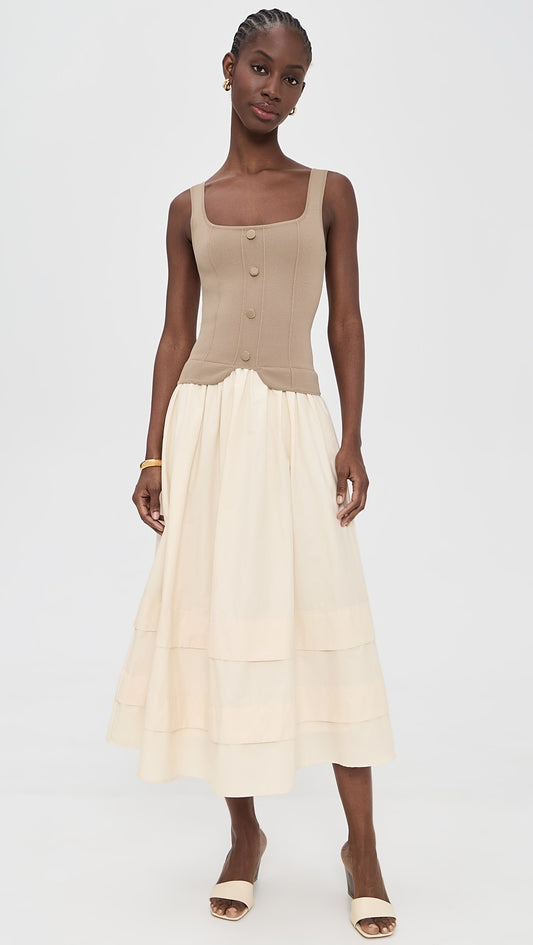 Khaki Mixed Media Button Front Midi Dress