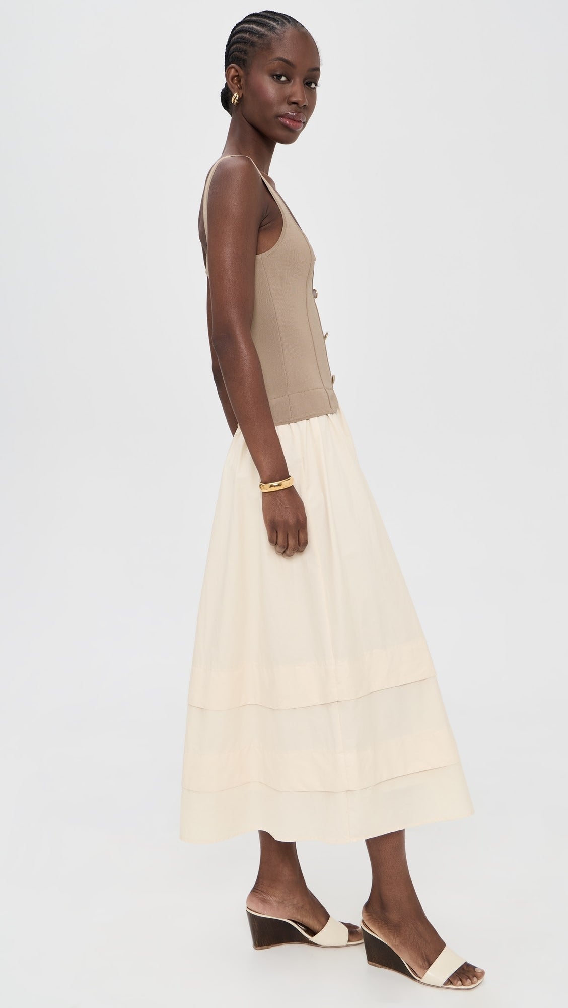 Khaki Mixed Media Button Front Midi Dress