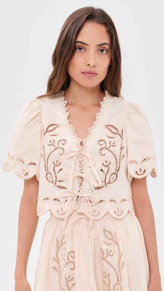 Cream Eyelet Tie Front Short Sleeve Top
