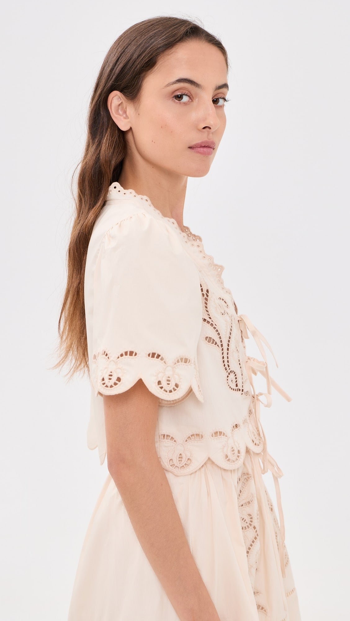 Cream Eyelet Tie Front Short Sleeve Top
