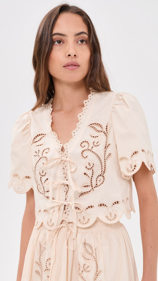 Cream Eyelet Tie Front Short Sleeve Top