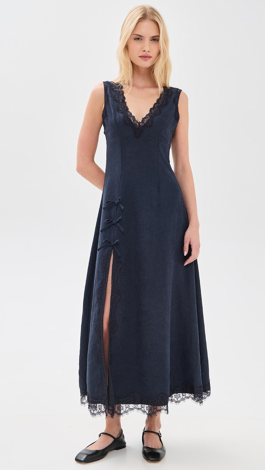 Blue V-Neck Lace Trim Midi Dress