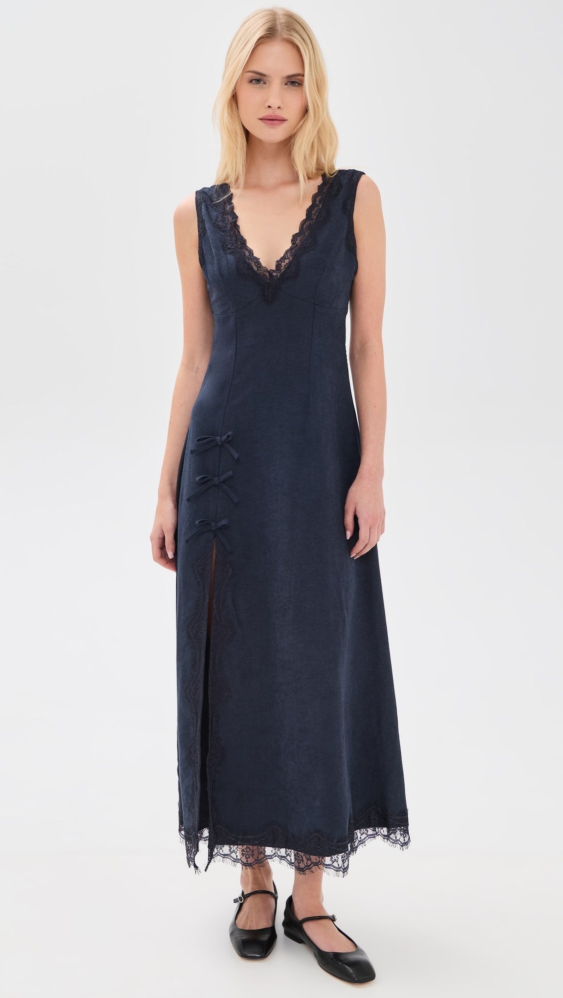 Blue V-Neck Lace Trim Midi Dress