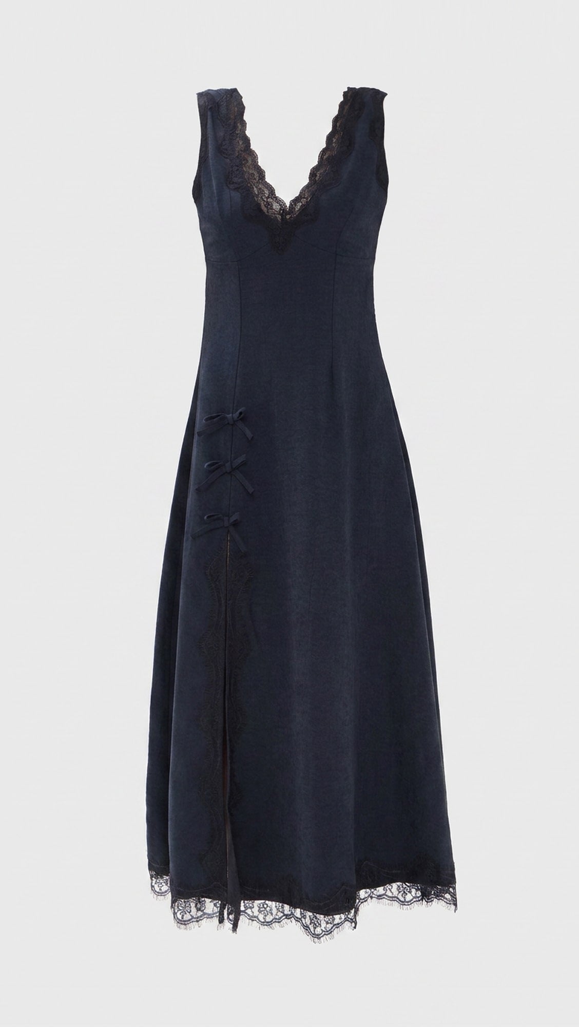 Blue V-Neck Lace Trim Midi Dress