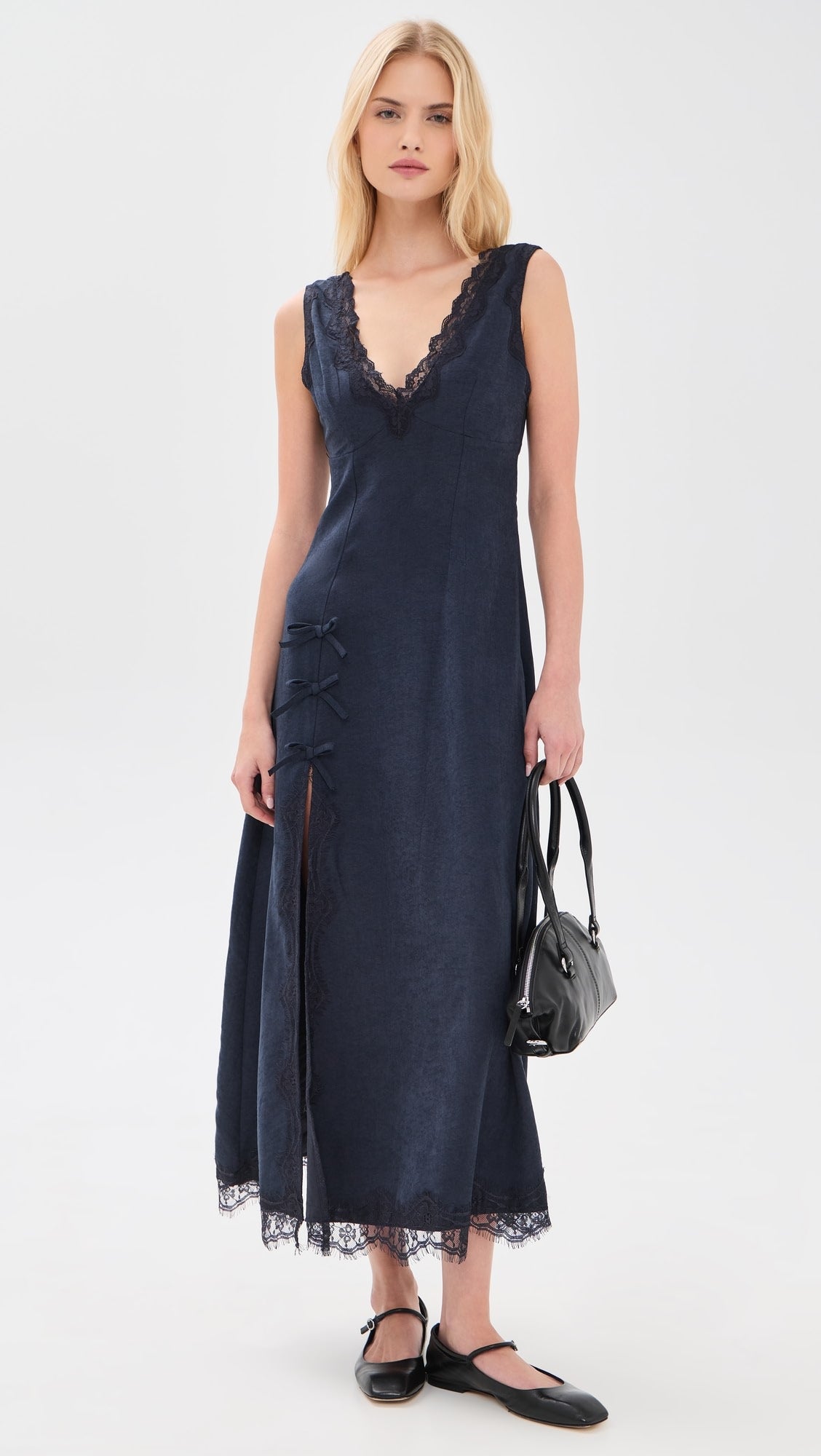 Blue V-Neck Lace Trim Midi Dress