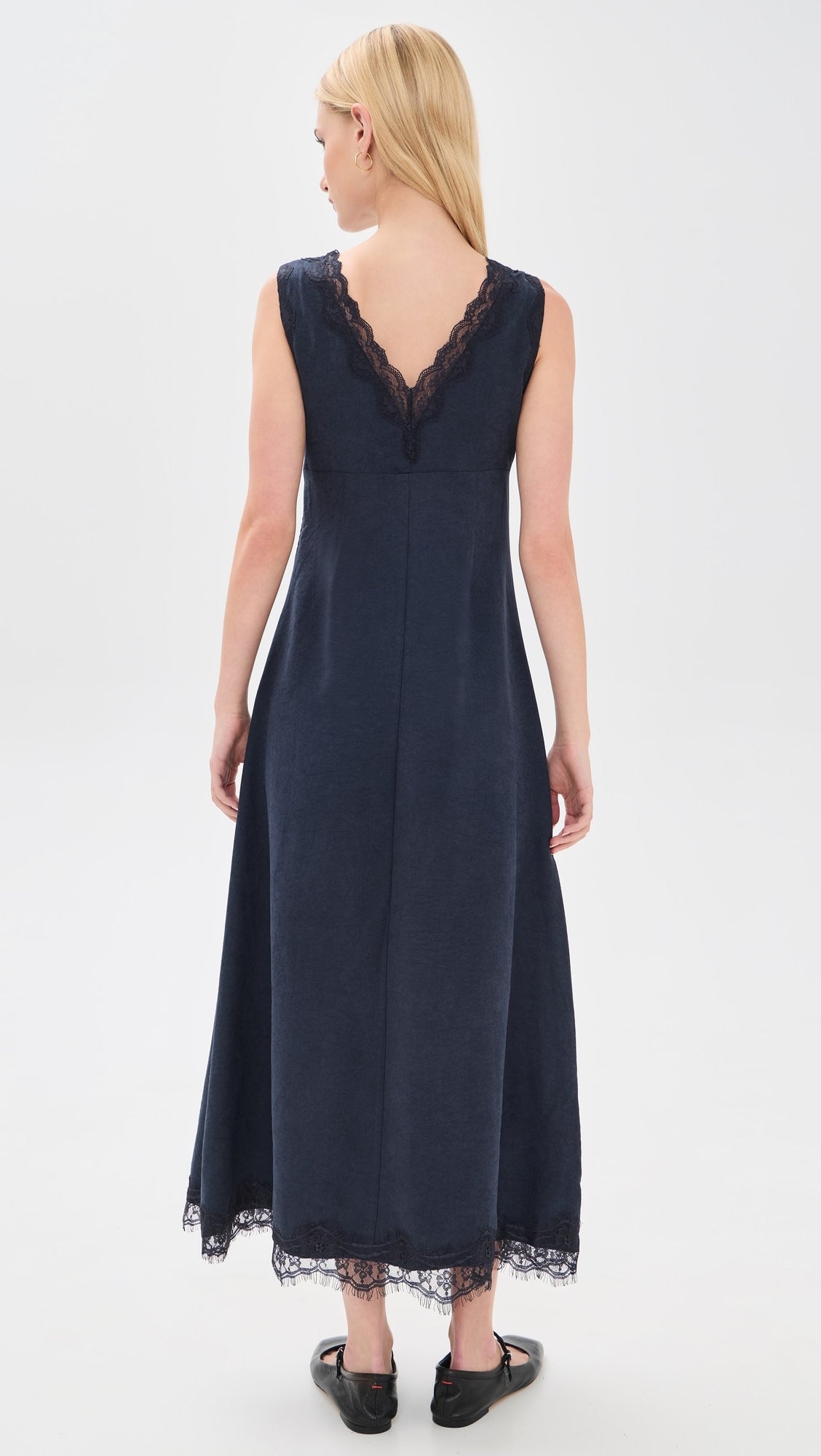 Blue V-Neck Lace Trim Midi Dress