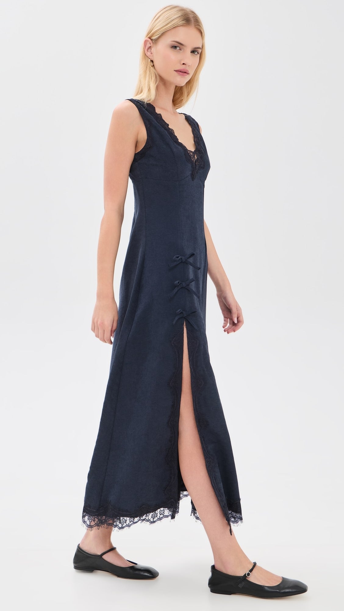 Blue V-Neck Lace Trim Midi Dress