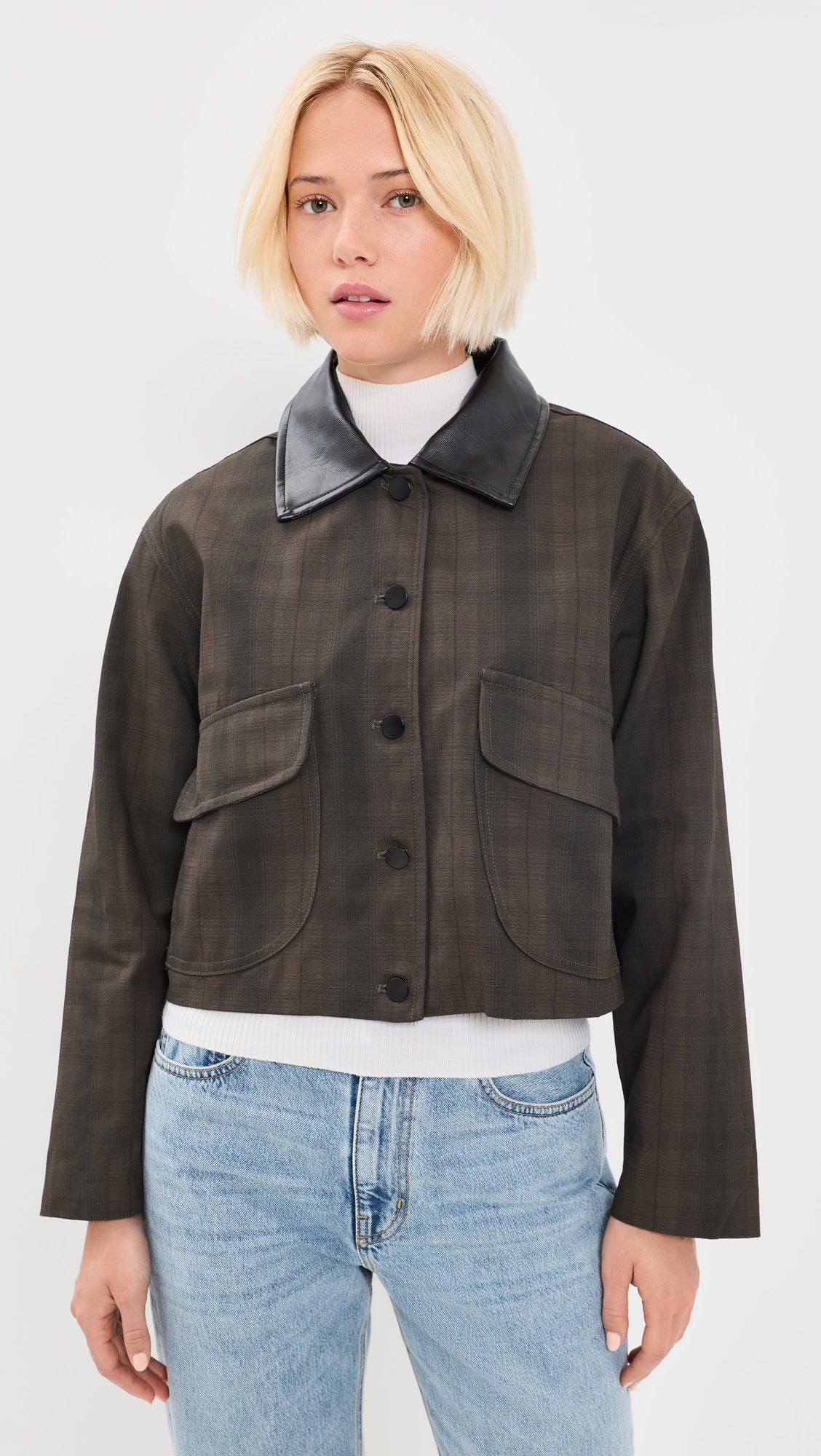 Olive Plaid Contrast Collar Jacket