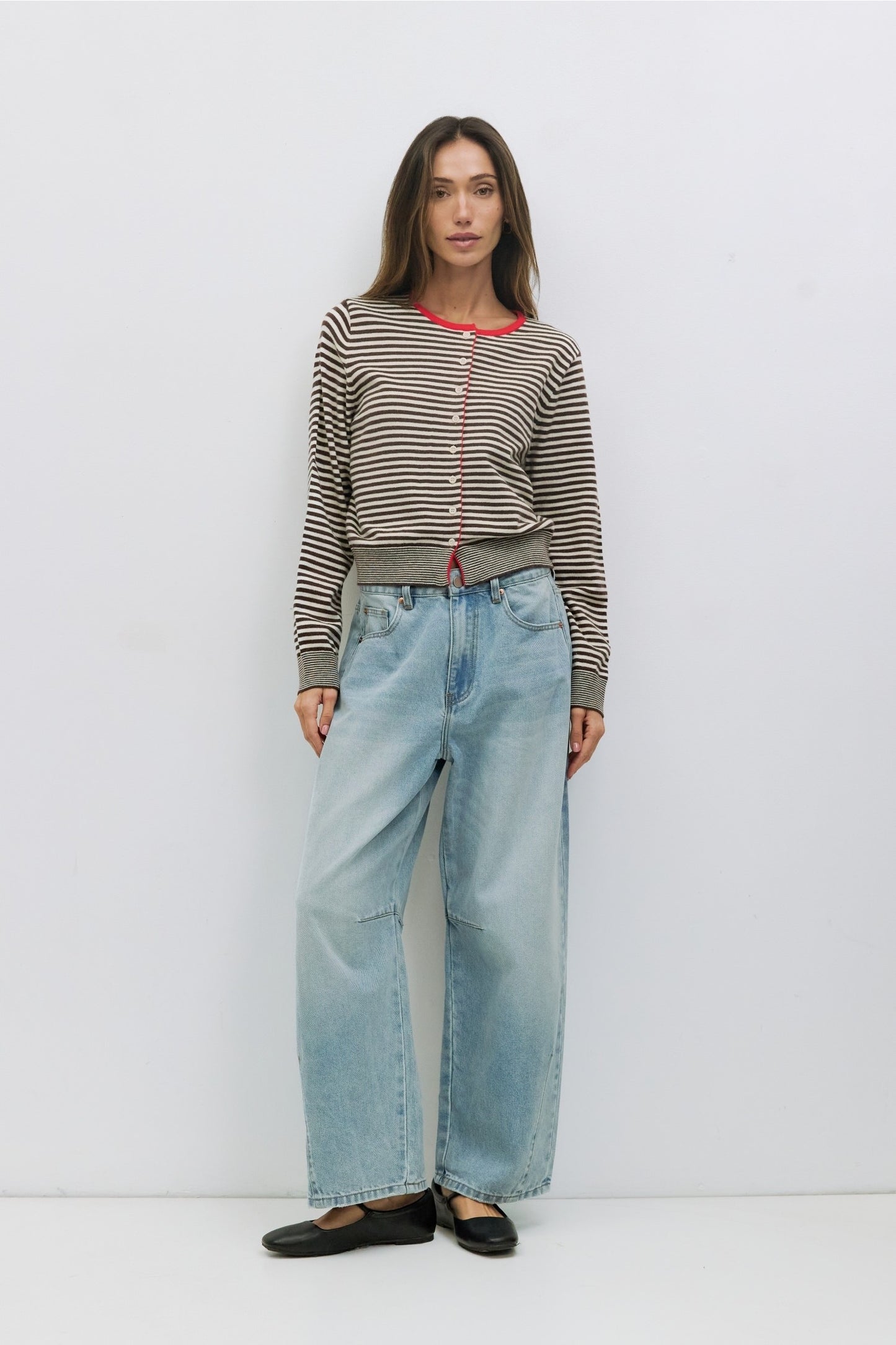 Striped Button Down Round Neck Cardigan