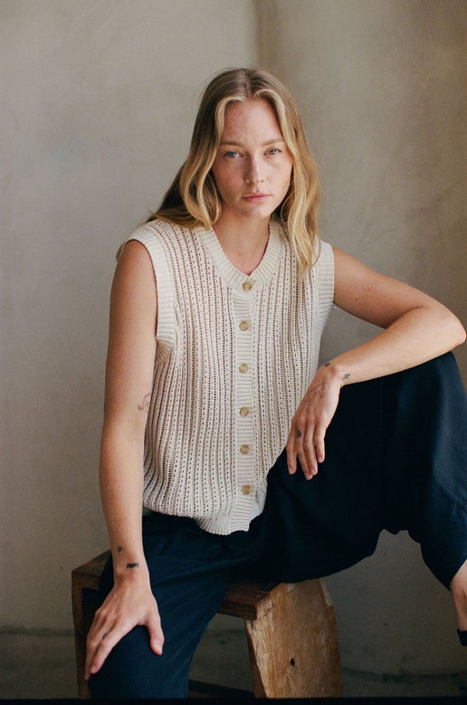 Natural Cotton Open Knit Button Down Vest