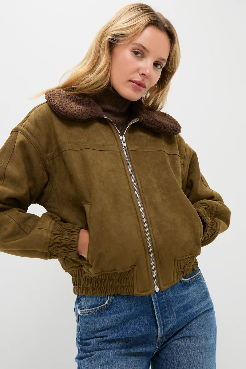 Olive Suede Teddy Collar Bomber Jacket
