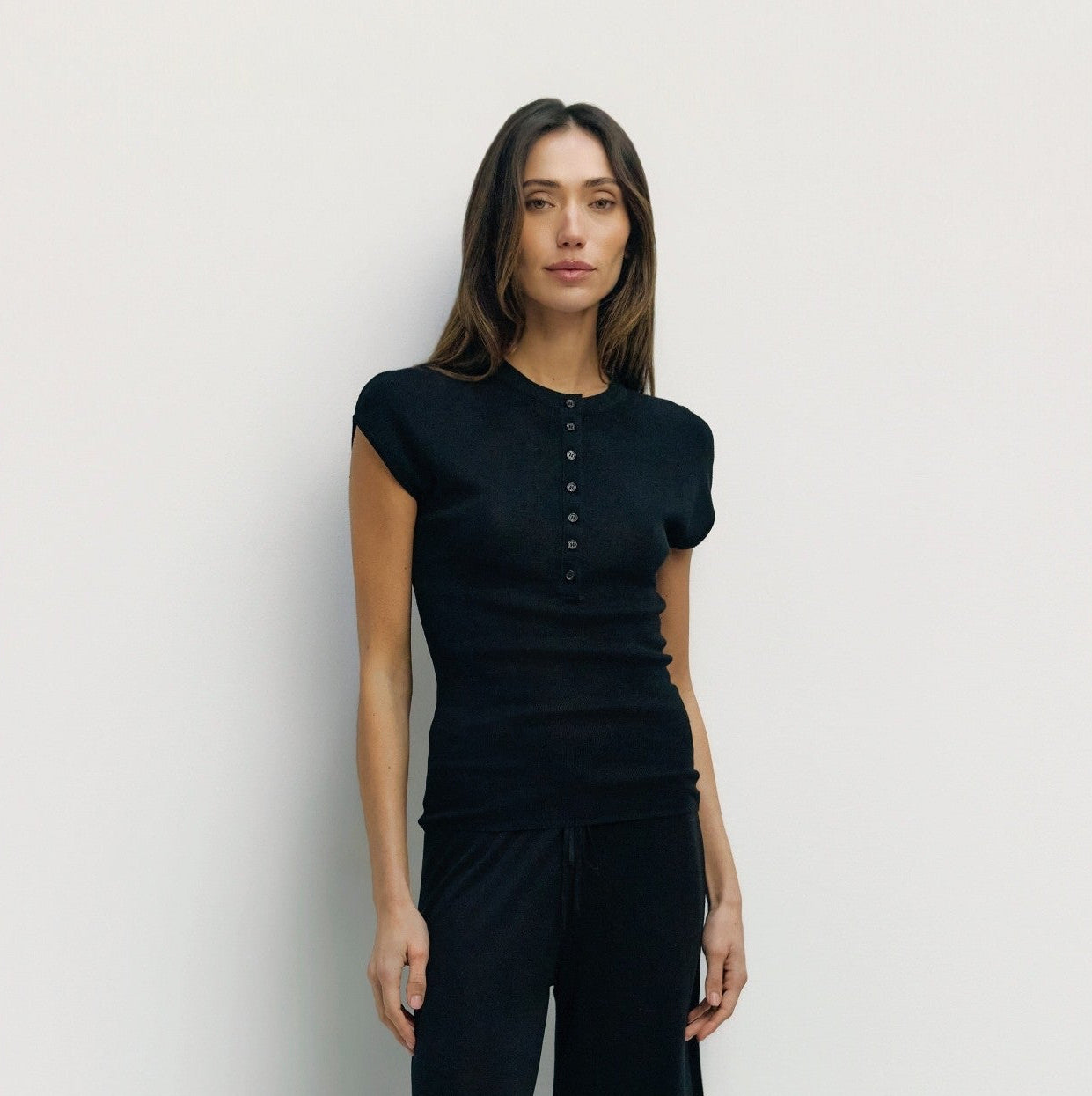 Cap Sleeve Half Button Knit Top