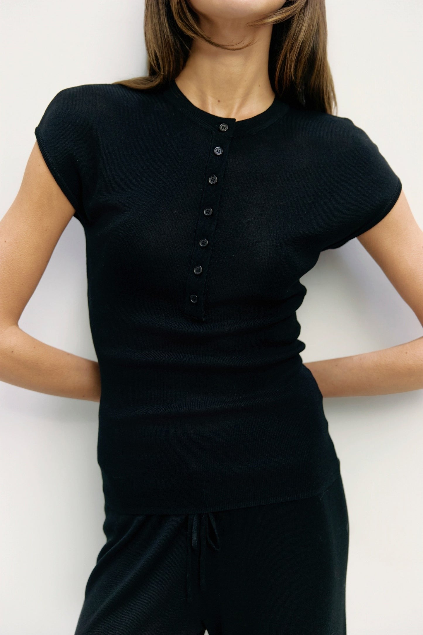 Cap Sleeve Half Button Knit Top
